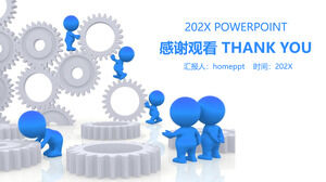 Mavi 3D kötü adam ve dişli arka planının ekip işbirliği teması için PPT şablonu