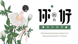 Plantilla PPT de Hola abril con flores de rosas verdes y frescas y fondo de bailarinas blancas
