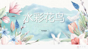 Modelo PPT de flores e pássaros em aquarela de cores frescas download grátis