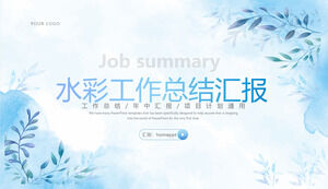 Raport podsumowujący pracę w tle niebieskich roślin akwarelowych Szablon PPT do pobrania
