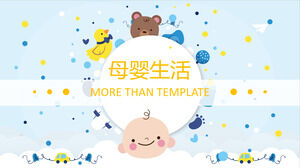 เทมเพลต PPT สำหรับธีมชีวิตแม่และเด็กในพื้นหลังของสัตว์การ์ตูนสีน้ำเงินและทารก