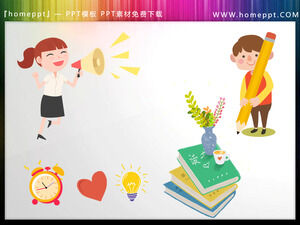 วัสดุ PowerPoint การ์ตูนสำหรับครูที่ถือเครื่องขยายเสียงและนักเรียนที่ถือดินสอ