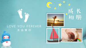 簡單的藍色卡通兒童成長相冊PPT模板免費下載