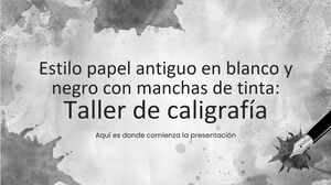 Taller de caligrafía de estilo de papel blanco y negro antiguo con manchas de tinta