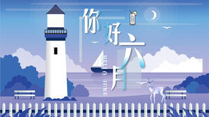 Hola en el fondo del barco de vela del faro azul y ciervos. Descargue la plantilla PPT de junio