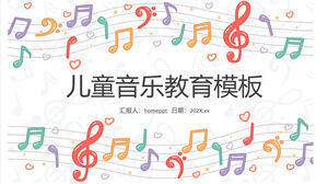 Modello PPT per l'educazione e la formazione musicale dei bambini con personale di cartoni animati colorati e sfondi di note