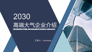 Modelo PPT para introdução empresarial com gráficos geométricos azuis e fundo de prédio de escritórios