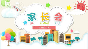 Scarica il modello PPT della conferenza genitore-insegnante dell'asilo con lo sfondo dell'albero della città delle nuvole dei cartoni animati