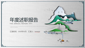 Yeşil dağ deseni arka planlı yıllık çalışma raporu için PPT şablonu