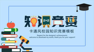 Descargue la plantilla PPT para la competencia de conocimiento del campus con libros de dibujos animados y fondo de sombreros de doctorado