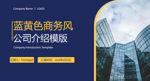 Mavi ve sarı minimalist geometrik iş tarzı şirket tanıtımı PowerPoint şablonu