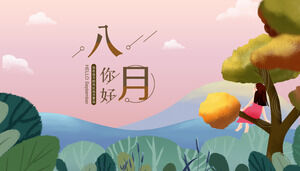 Estilo de ilustración: Niñas en los árboles en el bosque con un fondo fresco en agosto Plantilla Hello PPT