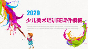 Wprowadzenie do szablonu PPT dla zajęć plastycznych dla dzieci z pędzlem w dłoni i kolorowym tłem farby