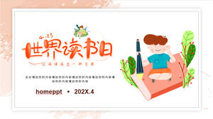 Desen animat așezat pe o carte: șablon PPT de fundal Ziua mondială a lecturii pentru întâlnirea de clasă tematică