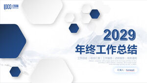 قم بتنزيل قالب PPT لملخص نهاية العام للستيريو الصغير مع خلفية متعددة الأضلاع لجبل ثلجي أزرق