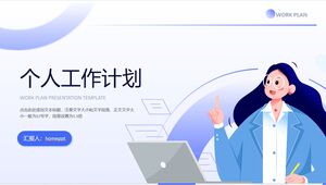Scarica il modello PPT del piano di lavoro personale per lo sfondo blu della ragazza sul posto di lavoro vettoriale