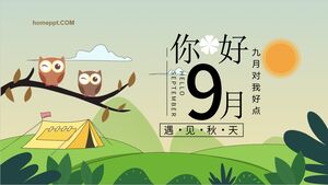 Hola septiembre con montañas de dibujos animados, ríos, hojas, fondo de búho, descarga de plantilla PPT