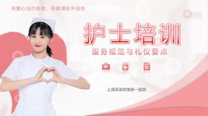 Różowe, ciepłe tło pielęgniarki Standardy usług pielęgniarskich i szablon szkolenia w zakresie etykiety PPT