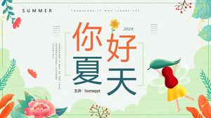 Modello PPT "Ciao estate" sfondo verde ragazza fiore