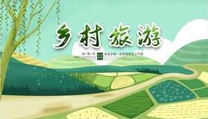 緑の漫画の農地と山の背景農村観光PPTテンプレート