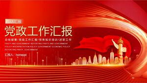 Kolom hias suasana merah dengan template PPT siluet kota emas untuk laporan kerja partai dan pemerintah