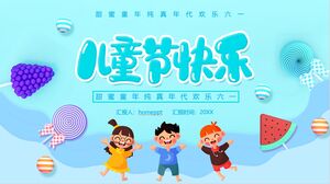 Niebieski rysunek „Szczęśliwego Dnia Dziecka” Wprowadzenie do wakacji z okazji Międzynarodowego Dnia Dziecka Szablon PPT do pobrania