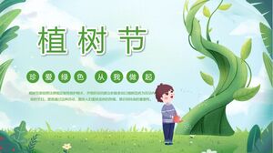 Sfondo verde del ragazzo che innaffia il cartone animato "Cherish Green Starting from Me" Modello PPT di introduzione alle vacanze di Arbor Day