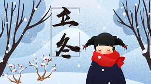 Фон девушки в красном шарфе на снегу и введение шаблона PPT «Начало зимы» солнечного семестра