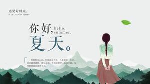 Montañas verdes de acuarela combinadas con la plantilla PPT "Hello Summer" de espalda de una niña