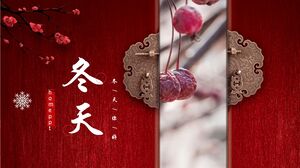 Templat PPT gaya Cina untuk "Halo Musim Dingin" dengan latar belakang pintu klasik berwarna merah