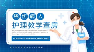 Modelo PPT para rondas de ensino de enfermagem de pacientes queimados com fundo de enfermeira de desenho animado azul