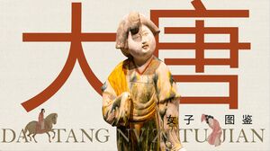 Szablon PPT do promowania i przedstawiania encyklopedii kobiet z dynastii Tang na tle wykwintnych ceramicznych figurek z dynastii Tang