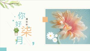 Modelo PPT de relatório de negócios para "Olá julho" com fundo floral azul requintado