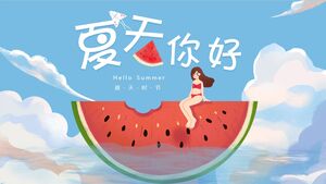 Ciao estate con una ragazza cartone animato seduta su un'anguria su sfondo blu. modello PPT