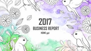 Modello PPT di uccelli e fiori letterari macchiati di acquerello verde porpora