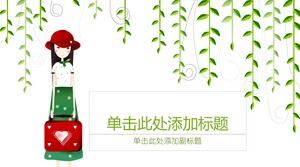 녹색 만화 귀여운 소녀 PPT 배경 그림