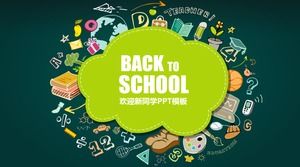 Sınıf öğretmen öğrenciler okula geri yeşil çizgi film tarzı eğitim öğretim ppt şablonu ağırlıyor