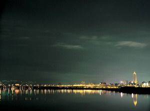 Modello del ppt di affari di scena di notte delle luci intense della città costiera