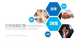 Work summary report PPT template of blue hexagons mixed with pictures