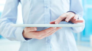 White collar hand holding tablet PPT background picture