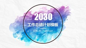 Modello ppt piano di riepilogo del lavoro di fan di arte creativa dell'acquerello blu e viola