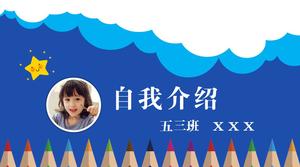 Studenti delle scuole elementari in esecuzione per il modello di ppt di auto-presentazione in stile cartone animato leader di classe