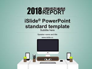 Business desk scene main picture cartoon small fresh work summary report ppt template