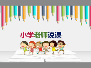 Happy little friends go to school-colored pencils opened books creative elementary school teachers say lessons teaching courseware ppt template