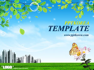 Mavi gökyüzü ve beyaz bulutlar taze kabarcıklar yeşil yaprak çim kentsel çevre çalışma raporu ppt şablonu