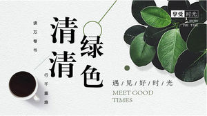 Un bon modèle PPT avec des plantes vertes fraîches et un fond de tasse de café