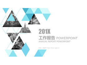 青の簡潔な三角形の画像タイポグラフィスタイルの作業レポートPPTテンプレート