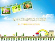 Template slideshow tema musim semi dengan langit biru dan latar belakang awan putih