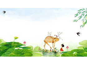 Fresh watercolor lotus lotus leaf PPT background picture