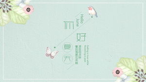 Hallo Sommer-PPT-Vorlage mit einfachem Aquarellblumen- und Vogelhintergrund